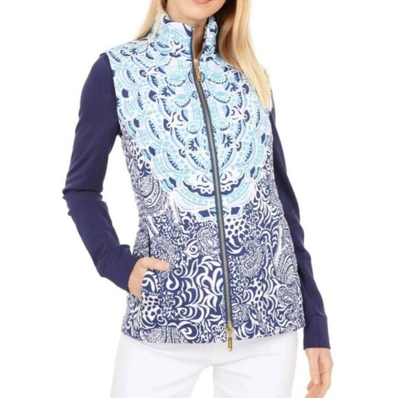 Lilly Pulitzer Noella Quilted Puffer Vest High Tide Navy Size XS Multicolor - Picture 1 of 9